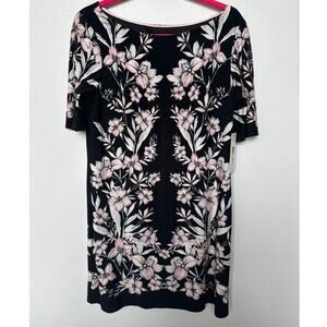 Eliza J Floral Black Pink Short Sleeve Mini Shift Dress Feminine Women Sz 12 NWT